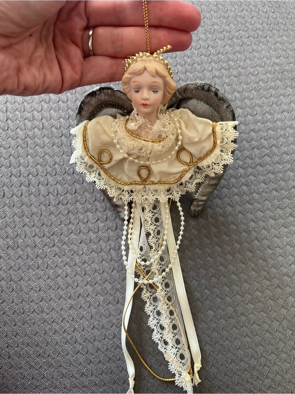 Vintage Victorian Porcelain Angel Ornament Lace Satin Gold Metallic Wings